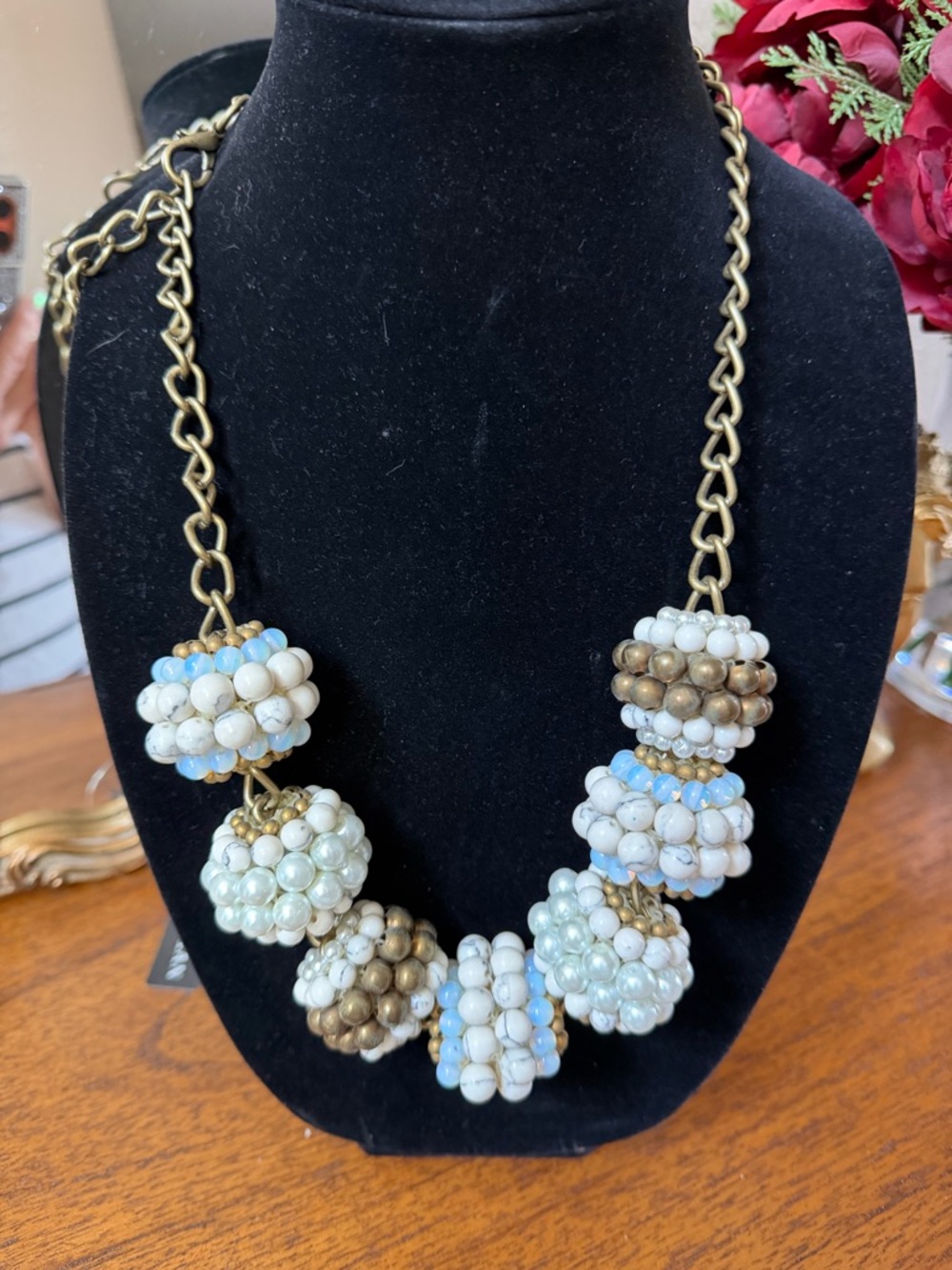 Elegant White Beaded Cluster Necklace with Gold Accents
